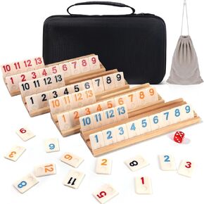 Upgraded 2-6 Players Rummy Cube Board Game Set with 6 Wooden Racks, 160 Tiles, Portable Case, Drawstring Bag and Dice, for Adults Friends Night Gifts Travel Party Sharpens Brain
