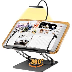 Book Stand for Reading, Adjustable Book Holder with Reading Light, Cookbook Stand with 360° Rotating Base, Foldable Designs with Elastic Clips, Book Display Stand for Music Scores, Recipe, Brown