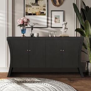 Refined Industrial 4-Door Credenza – Art Deco, Solid Wooden Arc Legs & Bronze Clasps, Advanced Storage Design, Black Finish for Elegant/Office