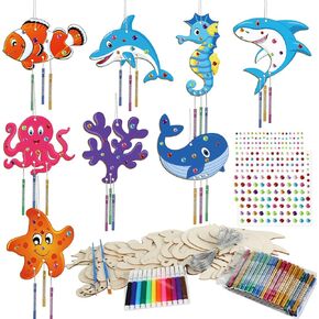 gisgfim 16 Pack Ocean Animal Wind Chime Kit Crafts for Kids Make Your Own Sea Animal Wind Chime Wooden DIY Art Coloring Activity for Summer School Home Party Hanging Decoration Birthday Supplies Favor