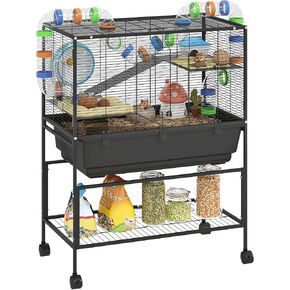 PawHut Hamster Cage with Deep Tray, 3 Tier Rolling Rat Cage with Storage Shelf, Big Exercise Wheel, Tube System, Hut, Platforms, Ramps, Food Dish, Water Bottle, for Syrian, Gerbil, Mouse