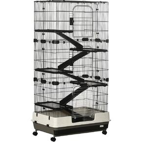 PawHut 59.5" Small Animal Cage with Wheels, 6-Level Portable Bunny Cage, Chinchilla Ferret Cage with Removable Tray, Platform and Ramp