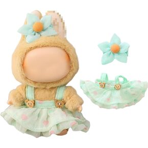 17 cm Doll Clothes (NO Doll) - Premium Doll Clothing & Accessories, Green Back Dress Set - Egg Flower Hair Clip + Love Bear Dress(Style B)