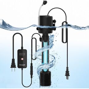 Aquarium U-V Filter for Green Water, Fish Tank Green Clean Machine with Aeration & Dual Water Outlet, Submersible Water Pump & U-V Light with Timer, for 10-40 Gallon Tank(135GPH/8W)