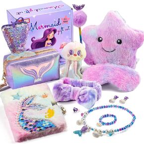 Mermaid Gifts for Girls Age 4 5 6 7 8 9 10 Year Old, Mermaid Birthday Toys Set 4-6 6-8 with Light Up Star Pillow, Diary Plush, Jewelry, Accessories, Little Girls Princess Presents Toy