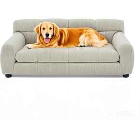 Orthopedic Dog Sofa Bed for Large Breeds - Modern Linen Pet Bed with Backrest & Armrests, Dark Gray Washable Furniture,Beige,38''