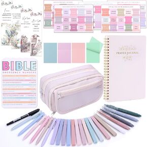 XKDOUS Bible Study Supplies Journaling Kit for Women, Bible Study Kit, 12 Pastel Highlighters and Pens No Bleed, 75 Laminated Tabs, Prayer Journal Pencil Case and More, Beige