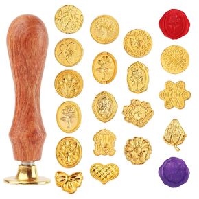 19Pcs Wax Seal Stamp Kit, 18 Vintage Pattern Sealing Wax Stamp Head with 1 Wooden Handle, Seal Stamps Kit for Invitations, Envelopes, Gift Wrapping, Greeting Cards, DIY Crafts
