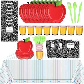 146 Pcs Back to School Decoration Apple Paper Plates First Day of School Party Supplies Tableware Set for 24 Guest 2 Disposable Tablecloth Composition Notebook Classroom Decoration Pre K Teacher Party