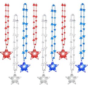 NOVWANG 9 Pcs 4th of July LED Light Up Necklaces Accessories, Patriotic Star Bead Necklace Red White Blue Glow Star Accessories for Fourth of July Party Favors, Independence Day, Memorial Day Party Supplies