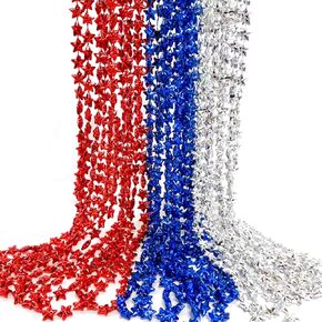 18 Pieces Patriotic Star Bead Necklaces Bulk, 33 Inches Red White Blue Metallic Necklaces for 4th of July, Independence Day, Memorial Day, Veteran Parade Party Favors and American-Themed Celebrations