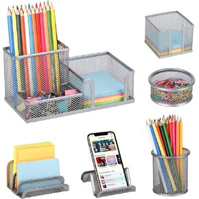 Pen Holder for Desk, 6 Pieces Mesh Desk Organizer set 3 Compartments pens holder, Mail Organizer Letter Holder Home Office Supplies Caddy Storage Baskets for Desktop Accessories(6 Piece set, Black)