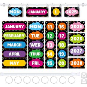 Flip Calendar Bulletin Board Set with Holder Adjustable Calendar Display Holder Includes 55 Date Cards for Preschool School Classroom Wall Decoration(Chalkboard Brights)