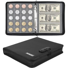 Coin Collection Book Supplies with Lock, Fireproof Money Collecting Album for Collector丨520 Coin Sleeve & 36 Currency Sleeve, Coin Holder for Collector, Collecting Supplies for Bill, Pennies,Quarters