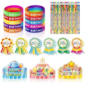120 Pcs Happy Birthday Crowns/Rubber Bracelets/ Stickers/ Pencils #2 Gifts for Kindergarten Kids Students- Party Hats/It's My Birthday Sticker/Silicone Stretch Wristband for Party School Teacher