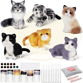 MOREJMTT Needle Felting Kit, 6 PCS Farm Animal Needle Felting Beginner Kits, Wool Felt Needle Felting Tools Foam Pad, Craft Party Supplies for Beginners Adult(Cat Family)