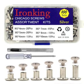 100Sets M5 Chicago Screws Leather Rivets Assorted Metal Fasteners Buttons Screw Rivets， for Leather Craft Decorate and Repair Belts Bags Shoes Purse (SilverM5*4,5,6,7,8,10)