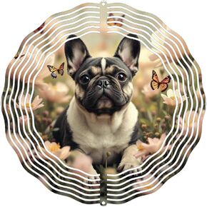 French Bulldog Wind Spinner, 8 inch 3D Garden Yard Art Decoration with Butterflies, Metal Wind Catcher with Hanging Hook