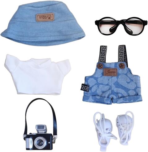 6 Piece 17cm Doll Clothes, Outfit Set with Accessories for 17cm Dolls, Denim Style Outfit Set with T-Shirt + Denim Overalls + Canvas Sneakers + Denim Hat + Mini Camera + Glasses, No Doll Included in Saudi Arabia
