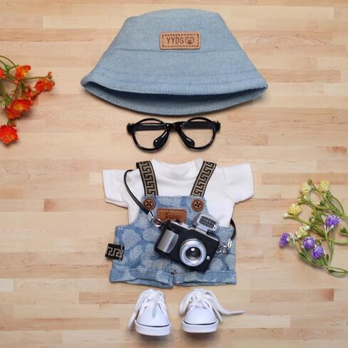 6 Piece 17cm Doll Clothes, Outfit Set with Accessories for 17cm Dolls, Denim Style Outfit Set with T-Shirt + Denim Overalls + Canvas Sneakers + Denim Hat + Mini Camera + Glasses, No Doll Included in Saudi Arabia