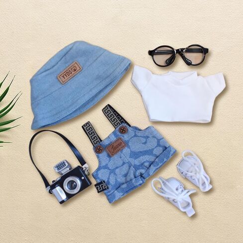 6 Piece 17cm Doll Clothes, Outfit Set with Accessories for 17cm Dolls, Denim Style Outfit Set with T-Shirt + Denim Overalls + Canvas Sneakers + Denim Hat + Mini Camera + Glasses, No Doll Included in Saudi Arabia
