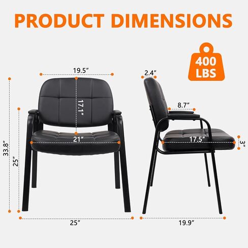 Clatina Big Tall 400 رطل كرسي غرفة انتظار مع أذرع مبطنة ، وكراسي ضيوف في المكتب الجلدي لا عجلات لغرفة الاستقبال للمؤتمرات وجانب لوبي المكتب المسن الأسود ، 2pk in Kuwait