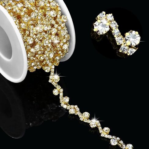 3 Yards Rhinestone Trim Chain Gold Rhinestone Applique for Wedding Dress Belts Garters Headpieces Decoration, Sewing Diamond Fringe Ribbon Trim for Craft Bridal Costume, Gold Clear in Saudi Arabia