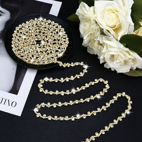3 Yards Rhinestone Trim Chain Gold Rhinestone Applique for Wedding Dress Belts Garters Headpieces Decoration, Sewing Diamond Fringe Ribbon Trim for Craft Bridal Costume, Gold Clear in Saudi Arabia