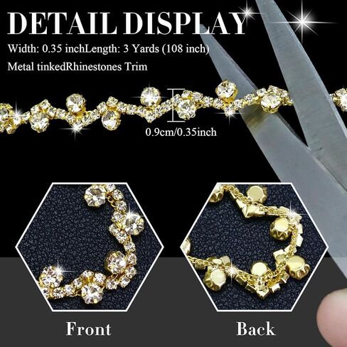 3 Yards Rhinestone Trim Chain Gold Rhinestone Applique for Wedding Dress Belts Garters Headpieces Decoration, Sewing Diamond Fringe Ribbon Trim for Craft Bridal Costume, Gold Clear in Saudi Arabia