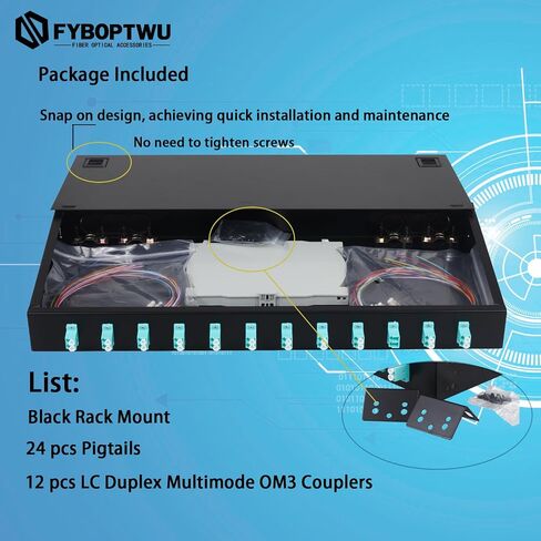 FYBOPTWU-24 Duplex Mutilmode 48 Port LC-OM3 Fiber Optic Rack Mount Enclosure Box + Splice Trays Fiber LC-UPC Kit (Include Pigtail & Couplers), 48 Core LGX Patch Panel Box fits for 19" Racks Cabinet in Saudi Arabia