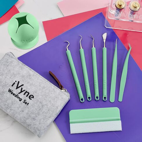 iVyne (8pcs) Premium Vinyl Weeding Tool Kit & Weeding Scrap Collector Soft Grip Tools with Berry, Weeder, Tweezers, Picker Or Hook, and Scraper Set for Silhouette Cameos & Cricut - Green in Saudi Arabia