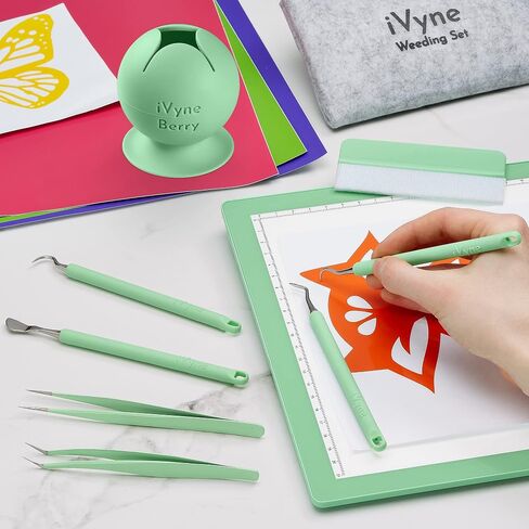 iVyne (8pcs) Premium Vinyl Weeding Tool Kit & Weeding Scrap Collector Soft Grip Tools with Berry, Weeder, Tweezers, Picker Or Hook, and Scraper Set for Silhouette Cameos & Cricut - Green in Saudi Arabia