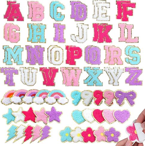 82 Pcs Chenille Letter Patches Multi-Color Self Adhesive Patches A-Z Chenille Sticker Patches - Cute Star Lightning Heart Rainbow Letter Stickers for Hats Backpacks DIY Clothing in Saudi Arabia