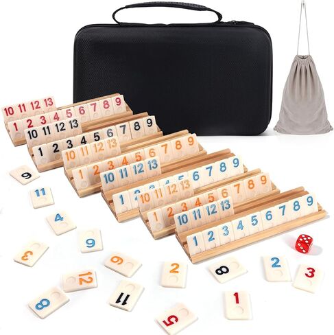 تم ترقية 2-6 لاعبين لعبة لوحة Rummy Cube مع 6 رفوف خشبية ، 160 بلاط ، والحالة المحمولة ، وحقيبة الرباط والنرد ، للبالغين أصدقاء Night Gifts حفلة السفر شحذ الدماغ in Kuwait