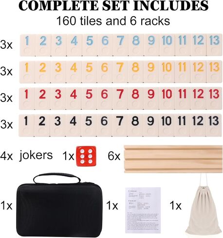 تم ترقية 2-6 لاعبين لعبة لوحة Rummy Cube مع 6 رفوف خشبية ، 160 بلاط ، والحالة المحمولة ، وحقيبة الرباط والنرد ، للبالغين أصدقاء Night Gifts حفلة السفر شحذ الدماغ in Kuwait