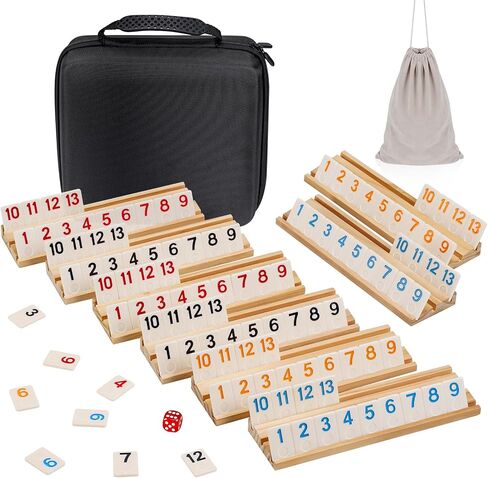 تم ترقية 2-6 لاعبين لعبة لوحة Rummy Cube مع 6 رفوف خشبية ، 160 بلاط ، والحالة المحمولة ، وحقيبة الرباط والنرد ، للبالغين أصدقاء Night Gifts حفلة السفر شحذ الدماغ in Kuwait