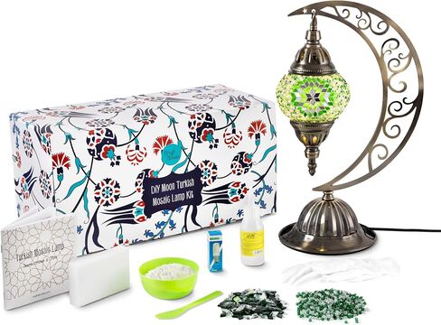 مصباح القمر التركي مصباح صنع القمر | DIY ملونة الزجاج الزجاجية طاولة داكنة الضوء | طقم الحرف للبالغين | اصنع المصباح الخاص بك | غرفة نوم غرفة المعيشة | قطع الفسيفساء ، الخرز ، us-plug (أخضر) in Kuwait