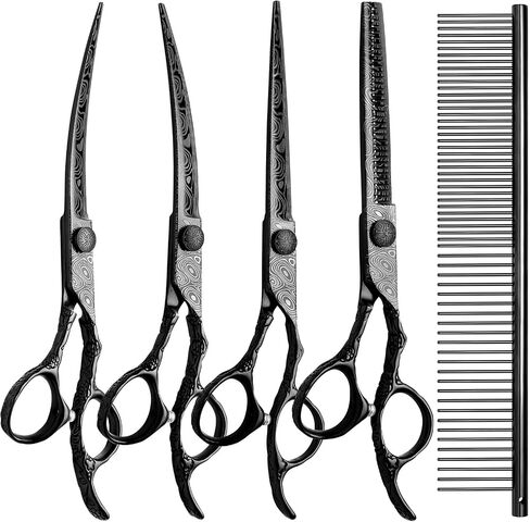 Dog Grooming Scissors,Black with Safety Round Tips,5 in 1 Curved Dog Scissors for Grooming,Professional Pet Grooming Shears Set for Dogs and Cats in Kuwait