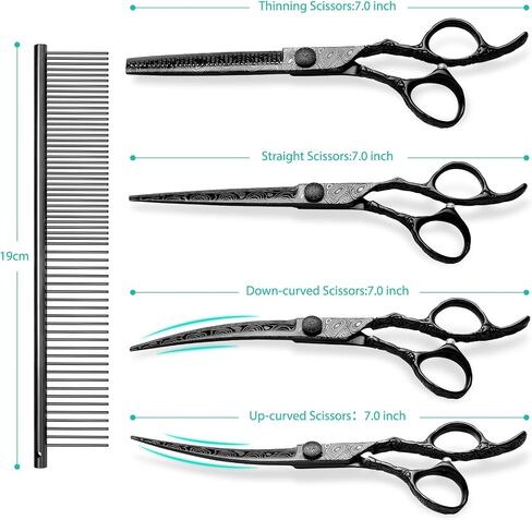 Dog Grooming Scissors,Black with Safety Round Tips,5 in 1 Curved Dog Scissors for Grooming,Professional Pet Grooming Shears Set for Dogs and Cats in Kuwait