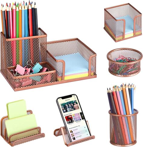 Pen Holder for Desk, 6 Pieces Mesh Desk Organizer set 3 Compartments pens holder, Mail Organizer Letter Holder Home Office Supplies Caddy Storage Baskets for Desktop Accessories(6 Piece set, Black) in Kuwait