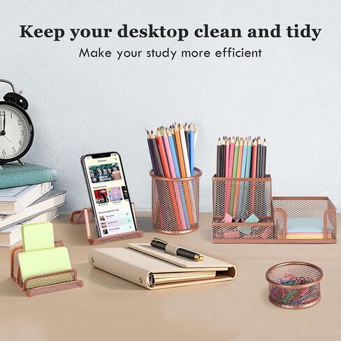 Pen Holder for Desk, 6 Pieces Mesh Desk Organizer set 3 Compartments pens holder, Mail Organizer Letter Holder Home Office Supplies Caddy Storage Baskets for Desktop Accessories(6 Piece set, Black) in Kuwait