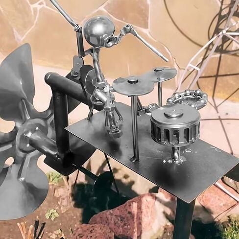 Handmade Metal Drummer Windmill,Garden Metal Rock Band Windmill, Wind-Powered Figurine Decor,Drummer Wind Spinner for Yard,Garden, Patio,Outdoor (Silver) in Saudi Arabia