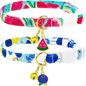 2 Pack Cotton Breakaway Cat Collars Set with Bell and Flower Pendant, Cute Floral Fruit Patterned, Adjustable 7.5-11Inch, Include A Mouse Toy Gift