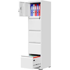 Vertical File Cabinet with 4 Drawers and 1 Door, Metal Filing Cabinets with 2 Locks for Home Office, Anti-Tip File Storage Cabinets for Letter/Legal/ A4 Folders, Assembly Required, White
