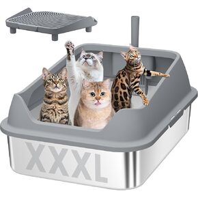 XXXL Stainless Steel Cat Litter Box with Extra Large Litter Box Step,28"X20"X13" Metal Litter Boxs High Sides for Big Cats and Multiple Cats,Includes Litter Scoop & Non-Stick Bottom