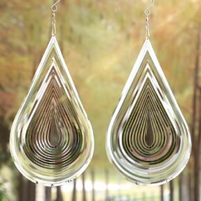 Wind Spinner Flowing-Light Effect Courtyard Decorations Made of Stainless Steel House Hanging Decoration 12“x 8“ Spinners with a 360° Rotating Hook (1 pc Water Drop-Silver)