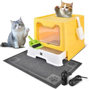 Enclosed Cat Litter Box with Lid Foldable Potty,Drawer Type Extra Large Cover Litter Box with Mat, Kitty Free in and Out/One-Way,Odor Control Anti-Splashing Easy Cleaning (Light Grey)
