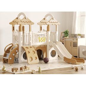 XJD 9 in 1 Toddler Slide, Jungle Slide with Basketball Hoop, Tunnel and Storage Space, Outdoor Indoor for Toddlers Age 1+,Tree House Design Toddlers Outdoor Indoor Playground (Brown) in Kuwait