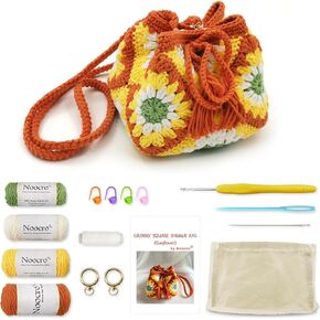 Noocro Crochet Kit Granny Square Shumai Bag, Purse, Complete DIY Kit, Detailed Instructions, Video Tutorials, for Beginners or Intermediate and Advanced Crocheters (Amber)
