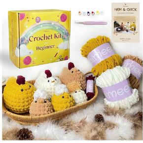 AIMEEOI Easy Crochet Kit for Beginners, Amigurumi Crochet Animal Kit for Adults and Kids with Step-by-Step Video Tutorials and Instructions, Make 3 Chickens and 3 Chicks, Includes 25–30% Extra Yarn